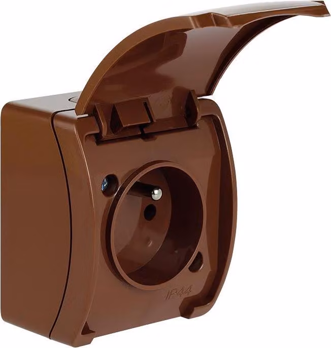 Presa stagna con contatto di terra (2P+Z) con coperchio a cerniera, marrone, IP44 KOALA 161-02 ViPlast