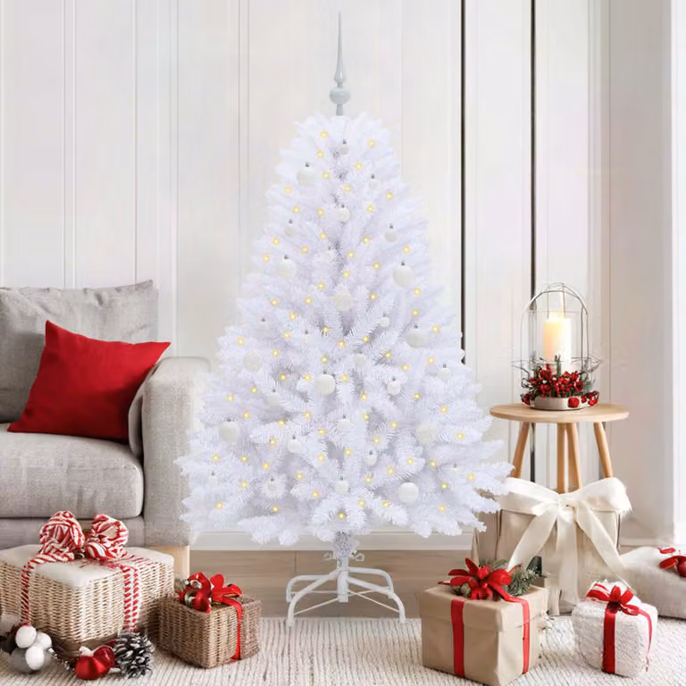 Albero di Natale Artificiale Moderno vidaXL Bianco con LED e Rami Pieghevoli in PVC e Metallo, Altezza: 150 cm