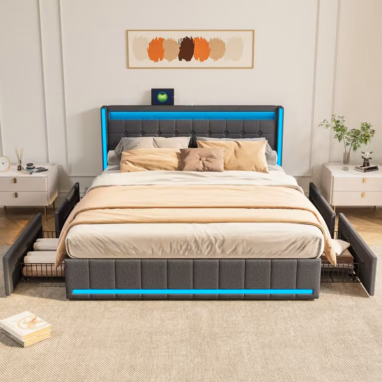 Letto imbottito 140 x 200 cm, testata a LED, 4 cassetti e funzione di ricarica USB, lino, grigio scuro