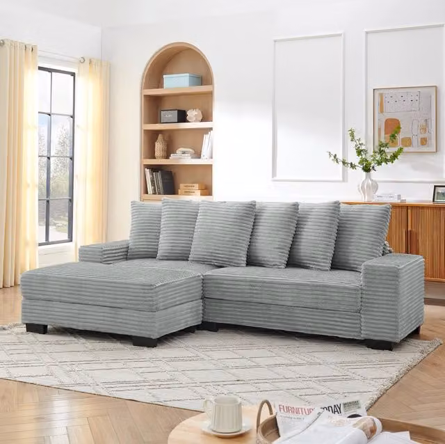 Divano angolare a L 4 posti 256;5 x 133;5 x 89 cm in corduroy grigio; con 6 cuscini