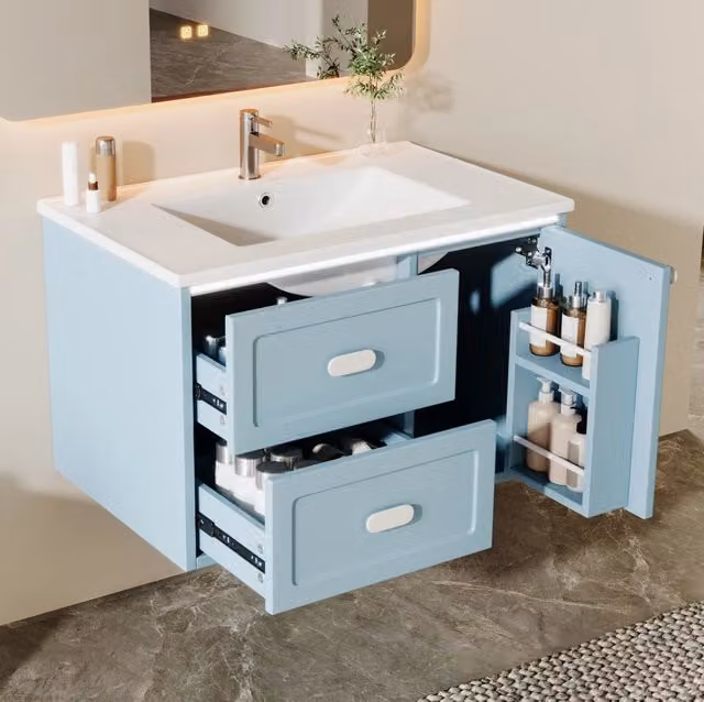 Mobile lavabo sospeso 76x46x51 cm in MDF e ceramica blu con LED salvaspazio –