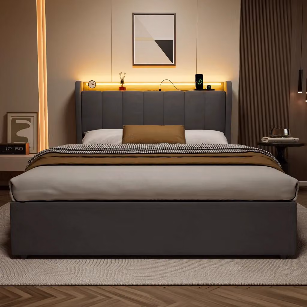 Letto contenitore matrimoniale moderno in tessuto grigio con illuminazione LED e porta di ricarica USB L/P/H: 140 x 190 x 111 cm – 2
