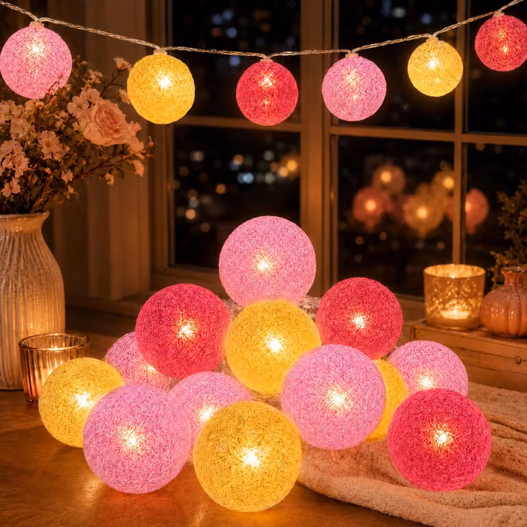 Catena luminosa a LED con palline di cotone, lunghezza 1,5 metri, 10 LED, alimentata a batteria, per decorazioni