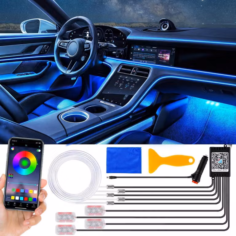Striscia LED per illuminazione interna auto, 6,5 metri, RGB, impermeabile, controllabile tramite app, luce per il vano piedi, 12V