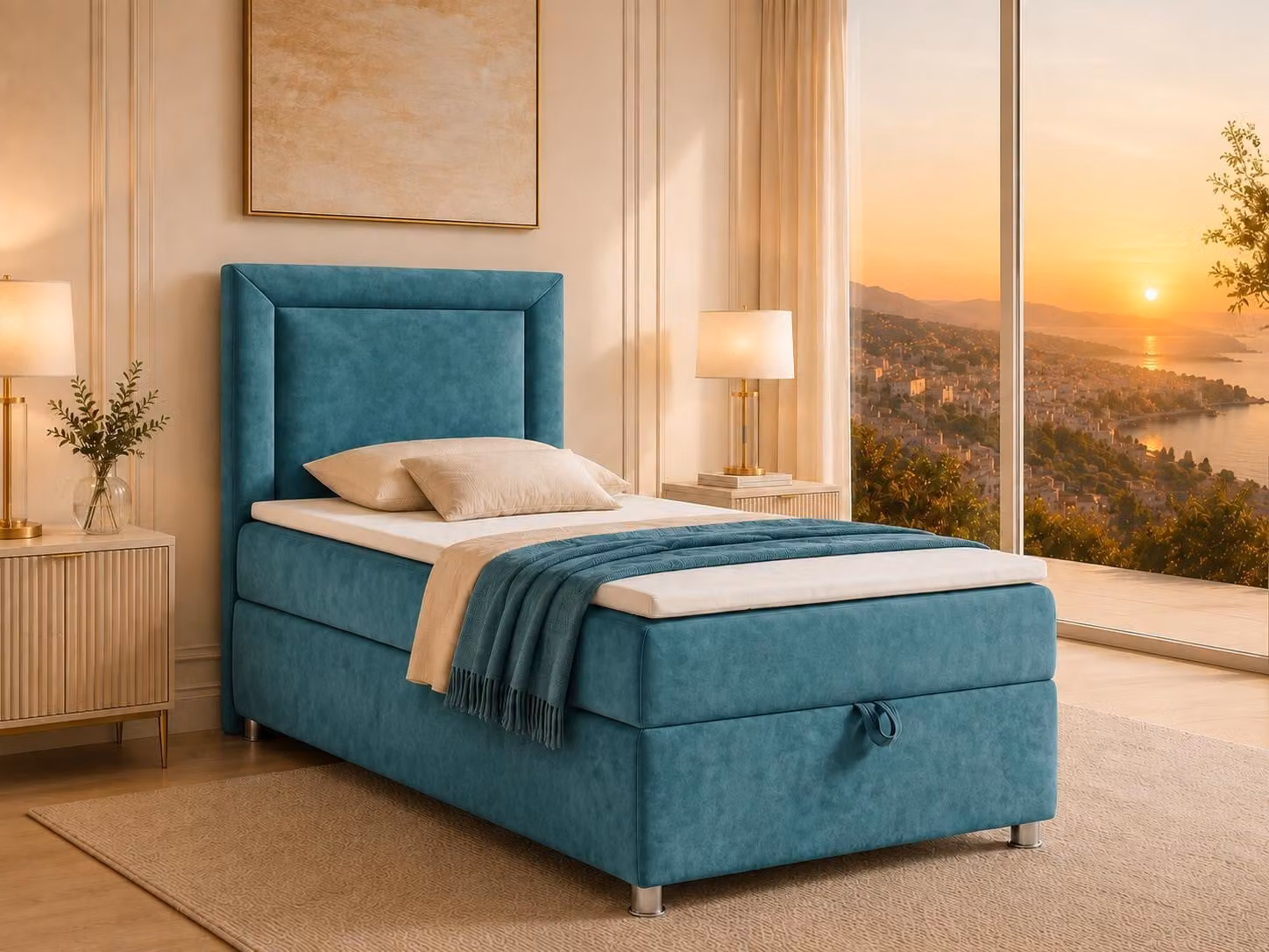 Best for Home Letto boxspring con contenitore Trinity K3-SINGLE 100x200 Materasso a molle Bonell incl. topper - Turchese