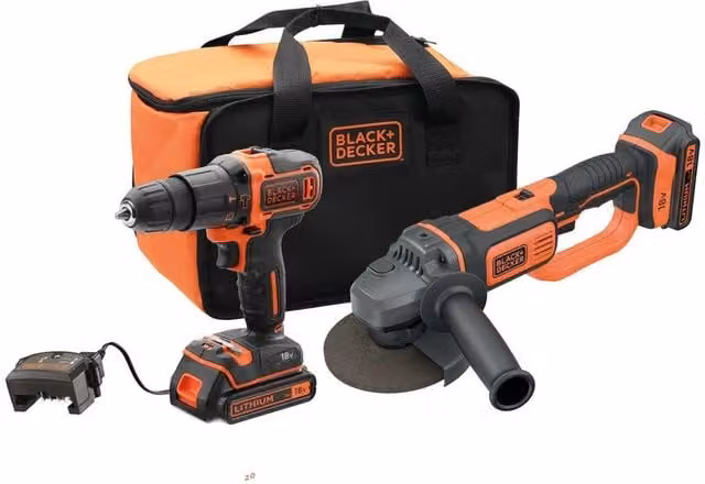 Set di 2 elettroutensili a batteria Black+Decker: Trapano avvitatore con percussione 18V e Smerigliatrice angolare 18V, colore arancione, con 2 batterie da 2 Ah