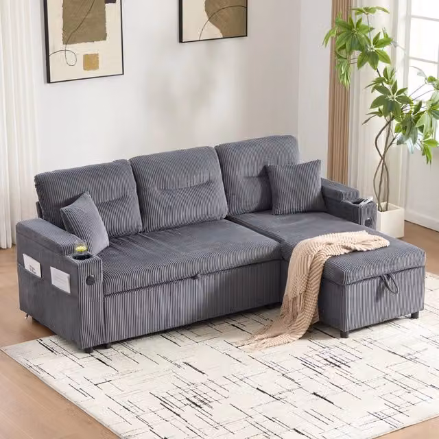 Divano letto 3 posti 212;5 cm con chaise longue contenitore in velluto a coste grigio carbone e USB-C per soggiorno