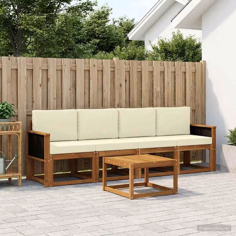 Set di divani da esterno vidaXL 4 pezzi in legno di acacia con cuscini, colori beige, bianco e marrone