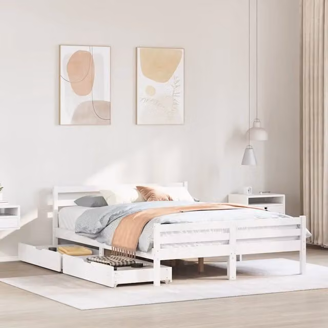 Letto matrimoniale in legno massello di pino bianco con cassetti stile rustico L/P/H: 140 x 200 x 145,5 cm