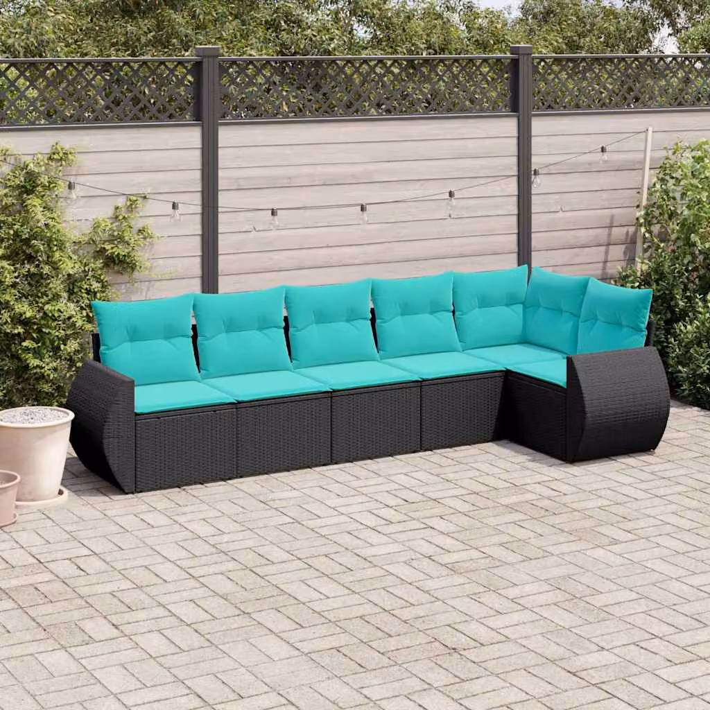 Set di divani da giardino vidaXL in rattan con cuscini, design moderno a forma di L, colore nero e blu con struttura in acciaio verniciato a polvere