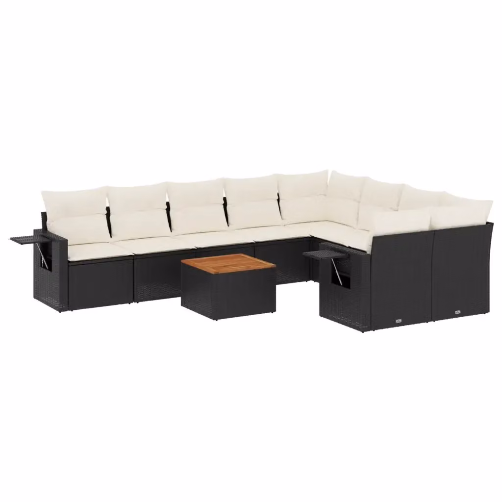 Set di divani da giardino vidaXL a forma di L composto da 10 pezzi in polyrattan nero con cuscini bianchi e tavolino da esterno – 2