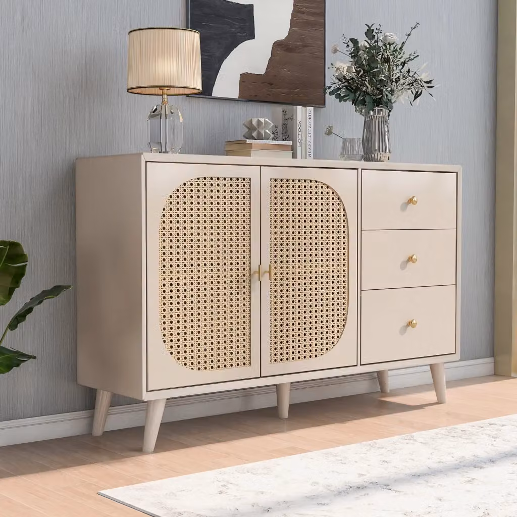 Credenza moderna OKWISH per soggiorno e sala da pranzo con 2 ante e 3 cassetti a pressione in MDF, colore bianco sporco/beige, L 120 x P 40 x H 82,5 cm – 2
