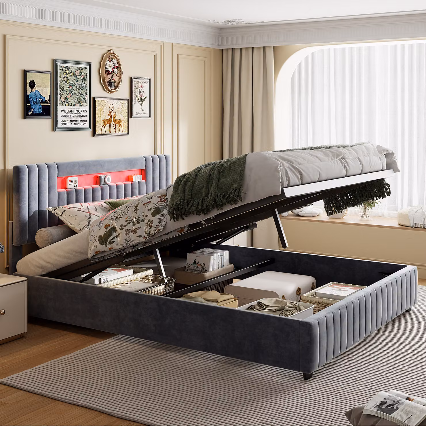 UnboxG Letto imbottito 140x200cm con lettore USB e Bluetooth, letto a molle insacchettate letto matrimoniale con LED/tipo C e rete a doghe, letto contenitore letto per ragazzi letto in tessuto, grigio