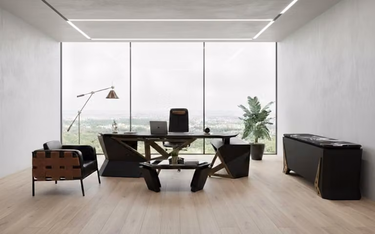 Set di mobili da ufficio eleganti, color nero, composto da scrivania, mobile contenitore e tavolino