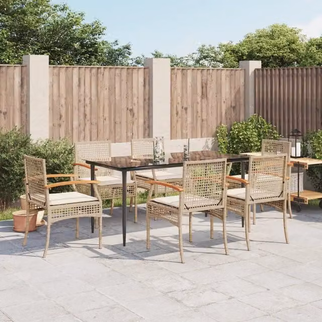 Set da pranzo da giardino vidaXL in polyrattan e legno di acacia con piano in vetro e cuscini beige, 7 pezzi – 1