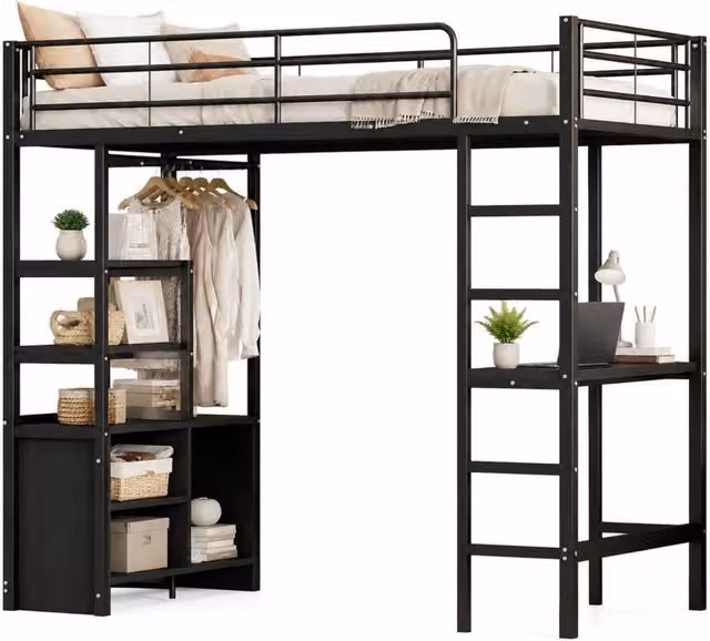 Letto a soppalco 90x200 cm con scrivania, struttura in ferro nera, prese USB e ripiani integrati, senza materasso
