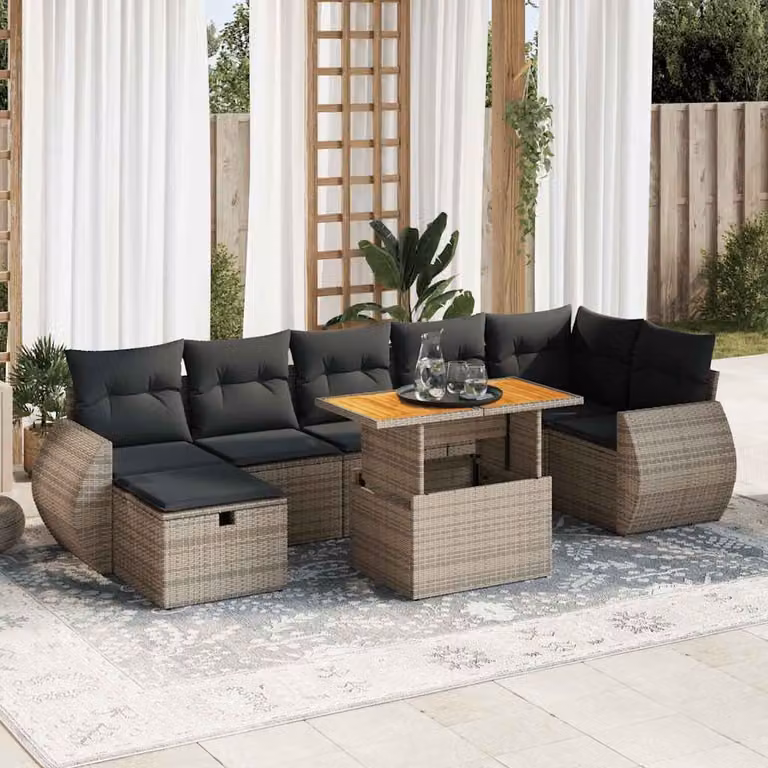 Set Divano da Giardino a L vidaXL in Polyrattan e Legno di Acacia Grigio con 5 Pezzi e Cuscini
