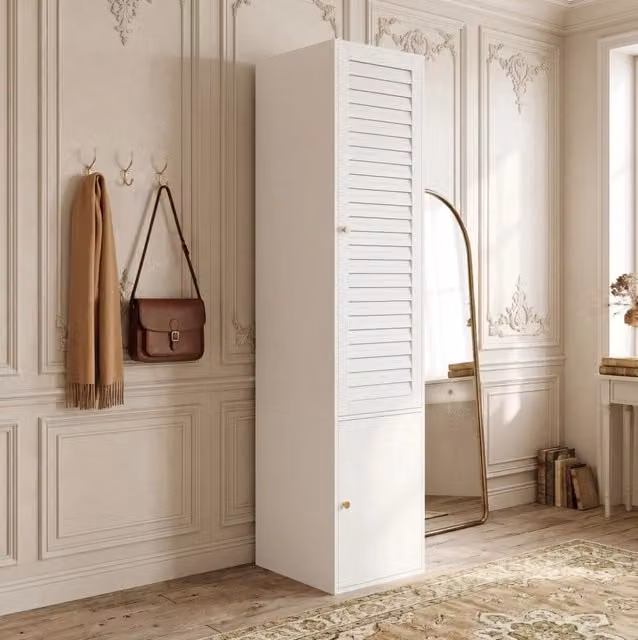 Armadio alto a 1 anta con porta a lamelle; asta appendiabiti e 3 vani; 45x50x200 cm; bianco