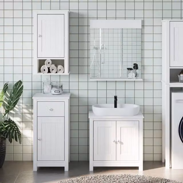 Set Mobili da Bagno vidaXL in Legno di Pino Bianco Lacqué con Mobile Lavabo e Pensile a Parete in Stile Rustico – 1