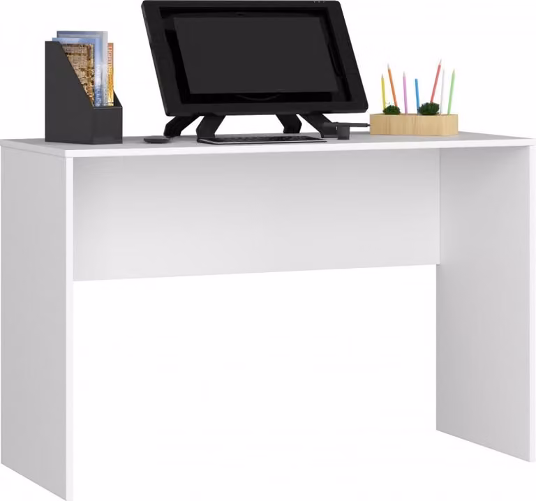 Scrivania bianca, piccola e rettangolare, di 120 cm. Dimensioni: altezza 77 cm, larghezza 120 cm, profondità 50 cm