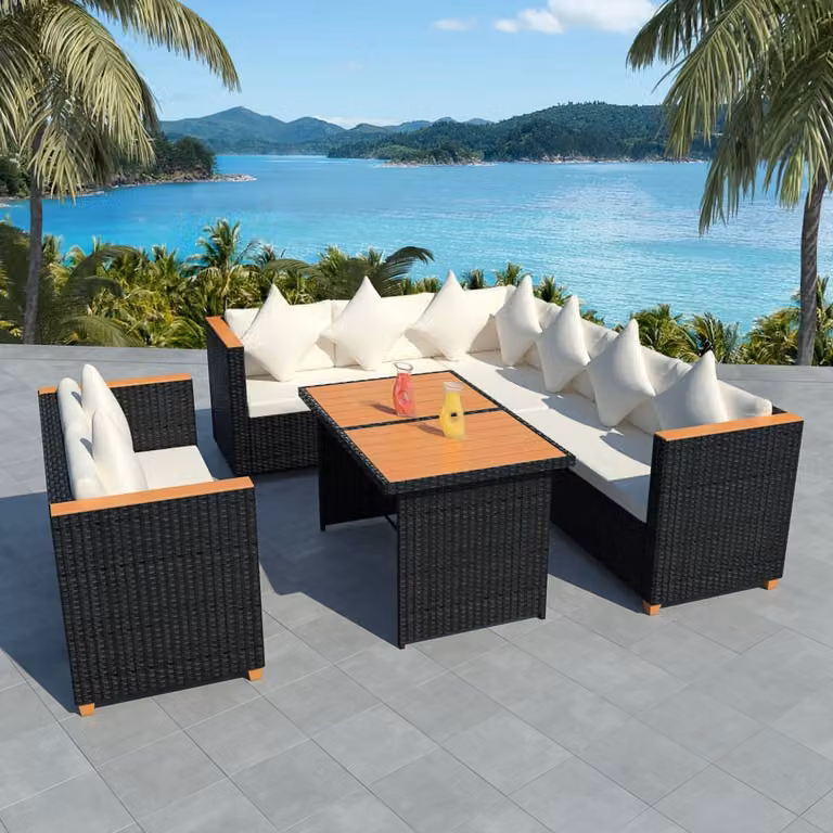 The Living Store Set da giardino 5 pezzi con cuscini in poly rattan nero