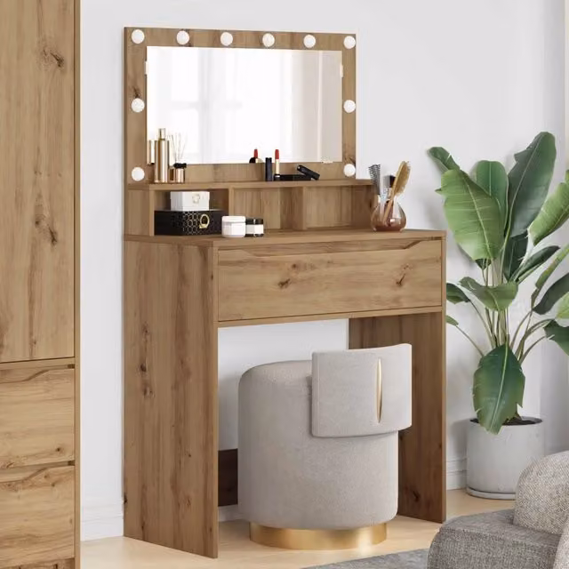 Tavolo da trucco moderno vidaXL con specchio LED in finitura rovere e marrone L: 135,0 cm, P: 39,5 cm, H: 80,0 cm – 1