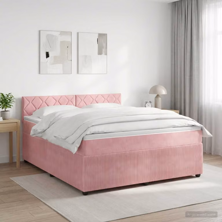 Letto box spring con materasso ibrido vidaXL in velluto rosa e bianco, L/P: 180 x 200 cm