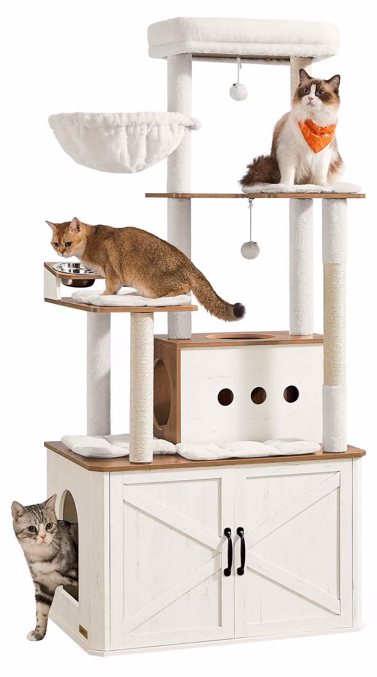 Albero per gatti Feandrea, altezza 170 cm, ampia cuccia, mobiletto per la lettiera