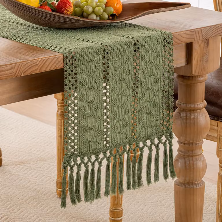 Tappeto da parete in stile bohémien, realizzato con tecnica macramé, dimensioni 30 x 180 cm, in cotone e lino, ideale per la cucina e il giardino