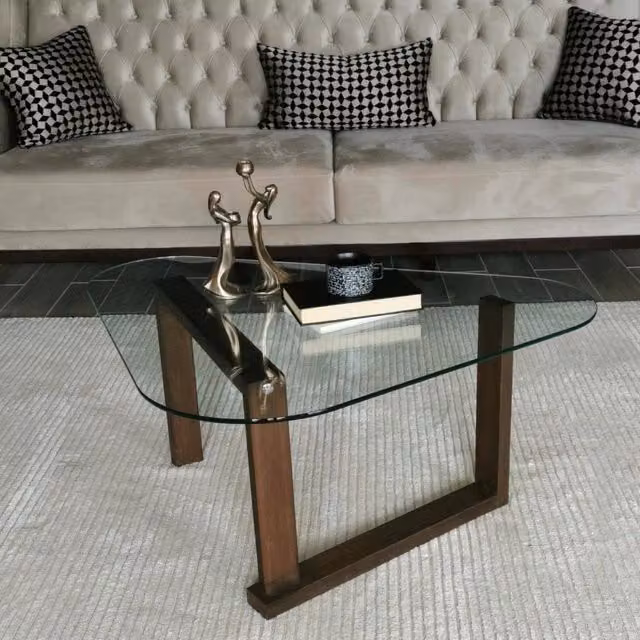 Tavolino da salotto moderno DMORA con piano in vetro trasparente e struttura in legno marrone, forma ovale, L: 81 cm, P: 96 cm, H: 41 cm – 1