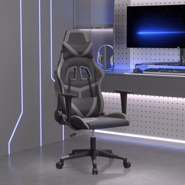 Sedia da Gaming vidaXL Nera e Grigia in Similpelle con Poggiatesta e Ruote, Ruotabile a 360 Gradi