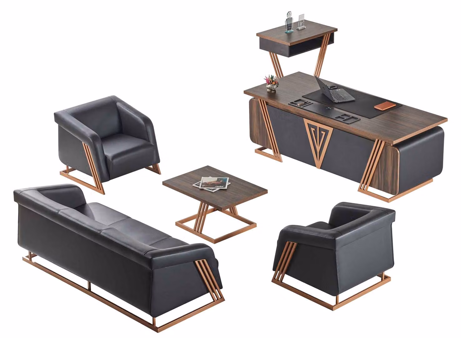 Arbeitszimmer-Set Büroeinrichtung Schreibtisch Beistelltisch Ledersofas