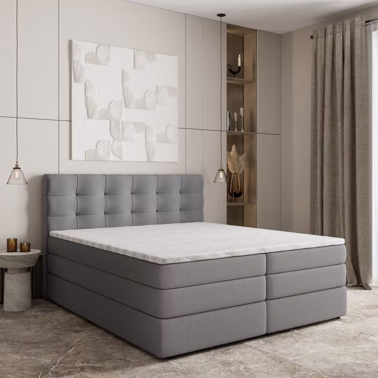 Letto a molle Masseno AREZI 180x200 cm completo di materasso e topper Bonell, letto imbottito con cassettiera - grigio, SORO 90