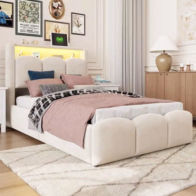 Letto singolo imbottito 90 × 200 cm con vano contenitore idraulico in velluto beige LED USB e Type-C