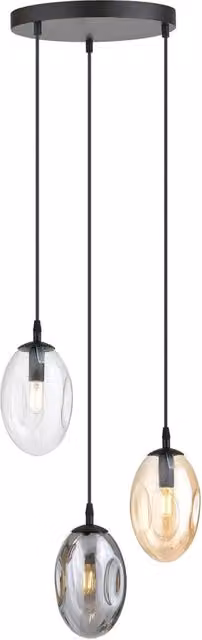 Lampada a sospensione Lancelot Luceart-Classic con 3 luci in acciaio nero e vetro ambra e fumè trasparente