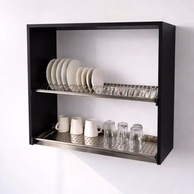 Pensile Scolapiatti Calandrelli Nero con Ripiani Interni e Portavetro H 72 x L 80 x P 33 cm