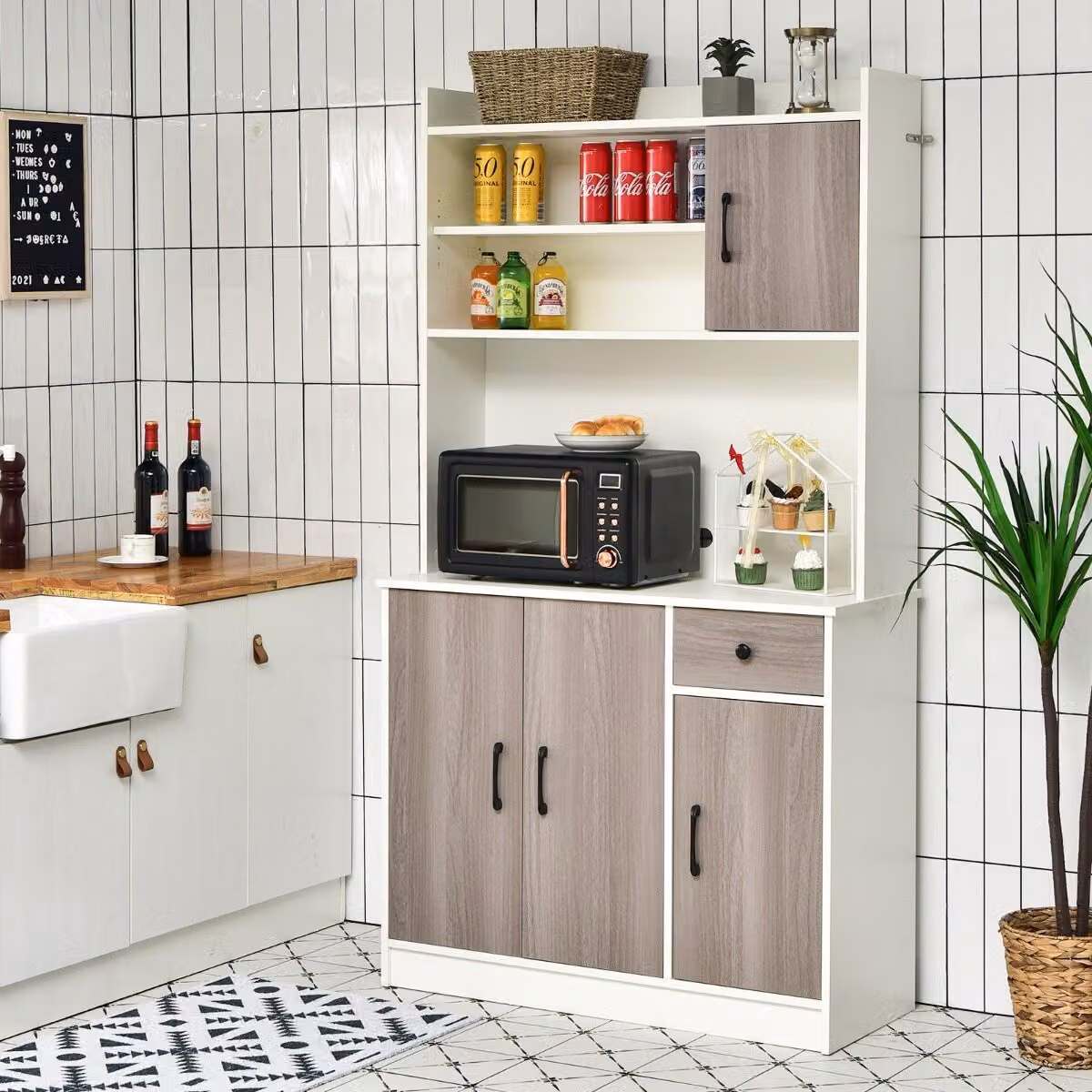 Costway Armadio da Cucina Bianco con Vetrina e Credenza con Ampio Spazio Aperto, Altezza: 180 cm
