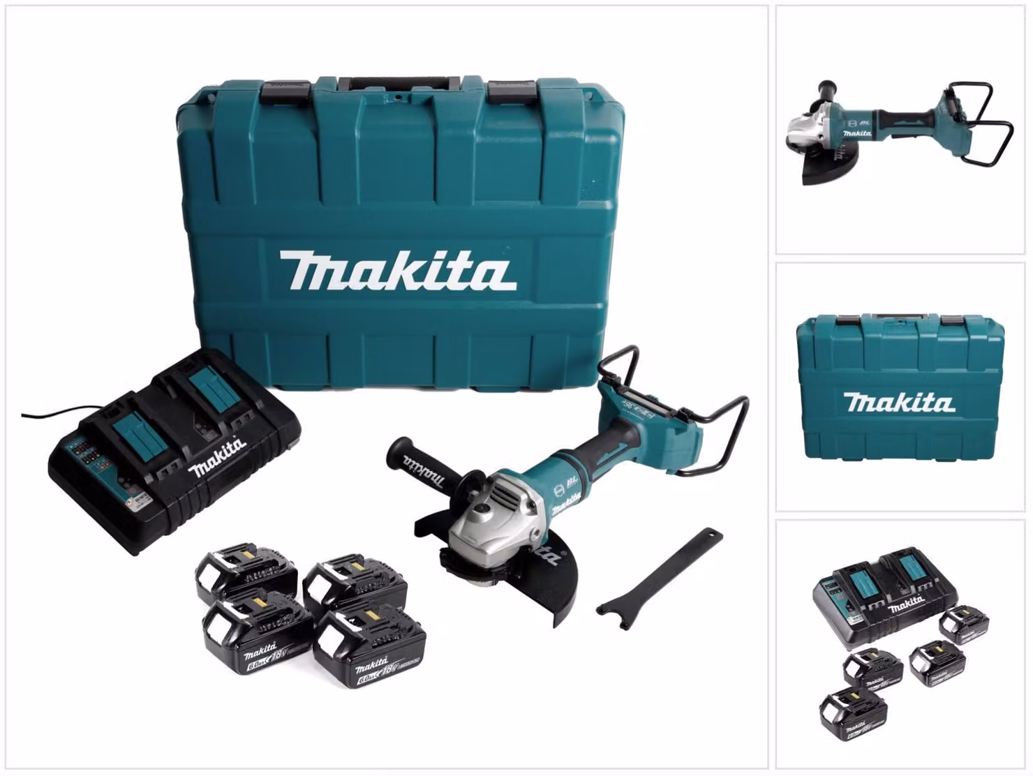 Smerigliatrice angolare a batteria Makita DGA 900 G4KX2 36V ( 2x18V ) 230mm brushless + 4x batteria 6,0Ah + doppio caricatore + Ezynut + valigetta