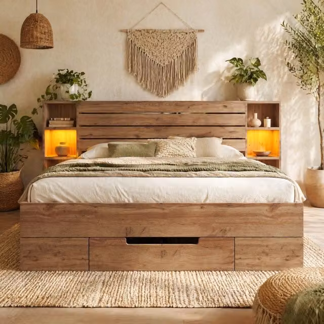 Letto matrimoniale 160x200 cm in legno e metallo con LED; USB Type-C e cassetti; colore rovere