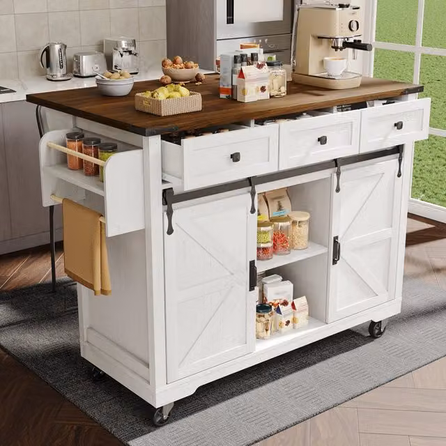 Isola da cucina REDOM beige con piano richiudibile su ruote in MDF e metallo L/P/H: 140 x 45 x 94 cm