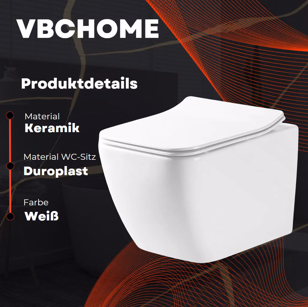 VBChome WC sospeso senza brida in Vetroceramica con coperchio WC Sedile WC in duroplast Sistema di chiusura ammortizzata Rimless Funzione SoftClose WC a scarico profondo