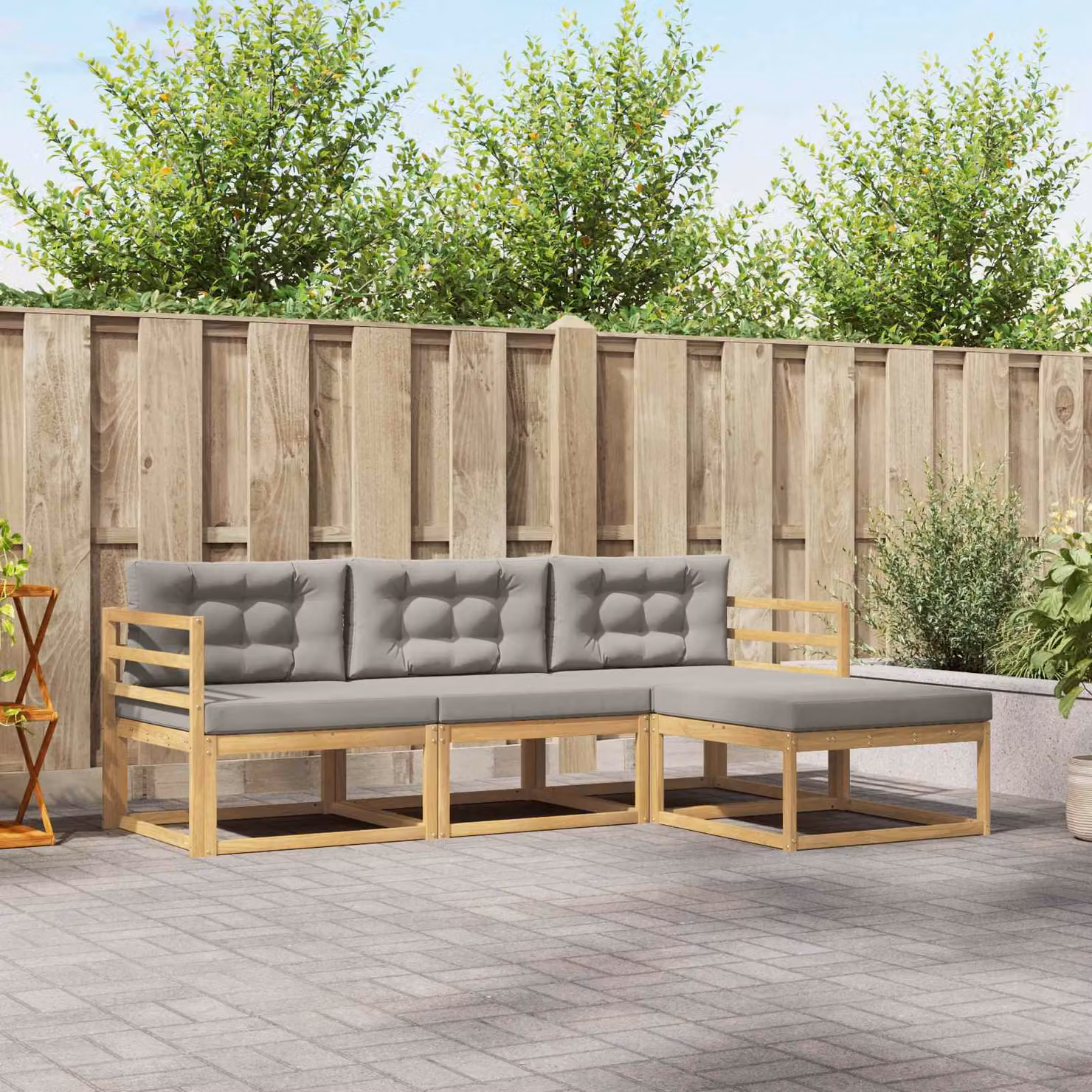 Set di divani da esterno a L vidaXL in legno di acacia con pouf e cuscini, Bianco e Grigio