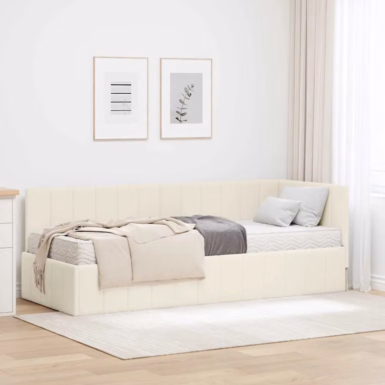 vidaXL Struttura Letto Angolare in Velluto Beige con 2 Materassi in Schiuma L/P/H: 204 x 80 x 140 cm