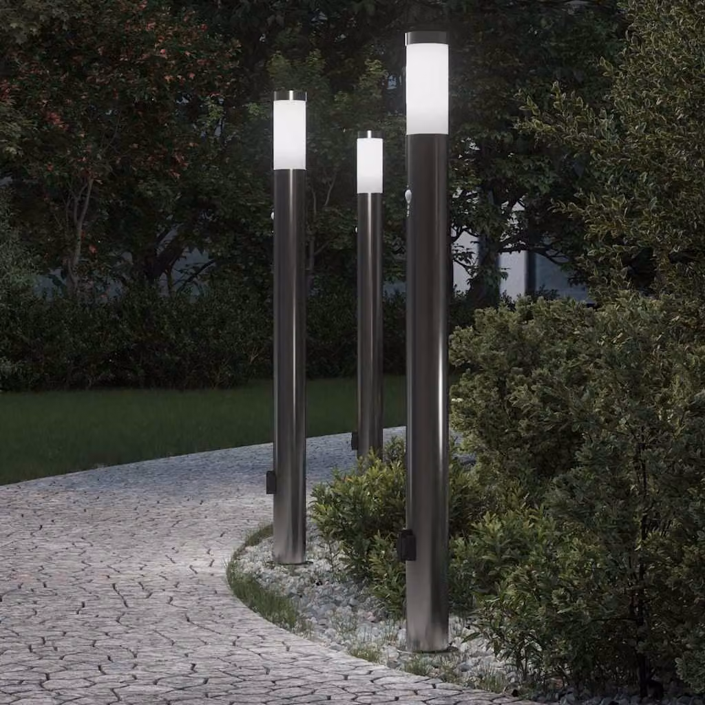 Set di 3 lampioni a dissuasore vidaXL in acciaio inox color argento con sensore di movimento e presa E27, Altezza: 110 cm, IP44