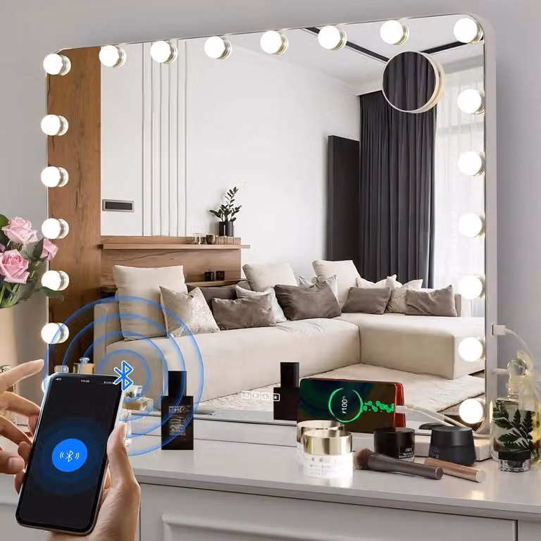 Specchio da trucco Hollywood - 20 luci LED - Lettore Bluetooth - Tre livelli di illuminazione - Porta USB