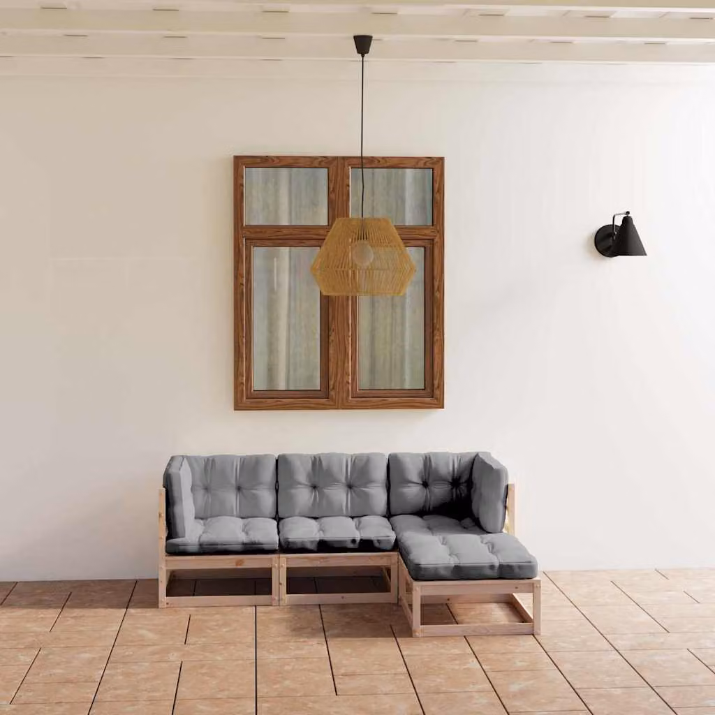 Set Divani da Giardino vidaXL 4 Pezzi in Legno di Pino con Cuscini Grigio Moderno