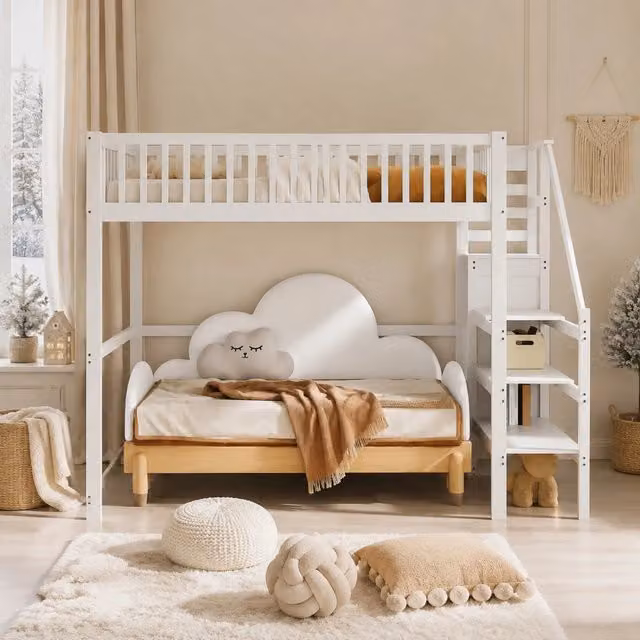 Letto a soppalco 140x200 cm con scala e armadio integrato; bianco