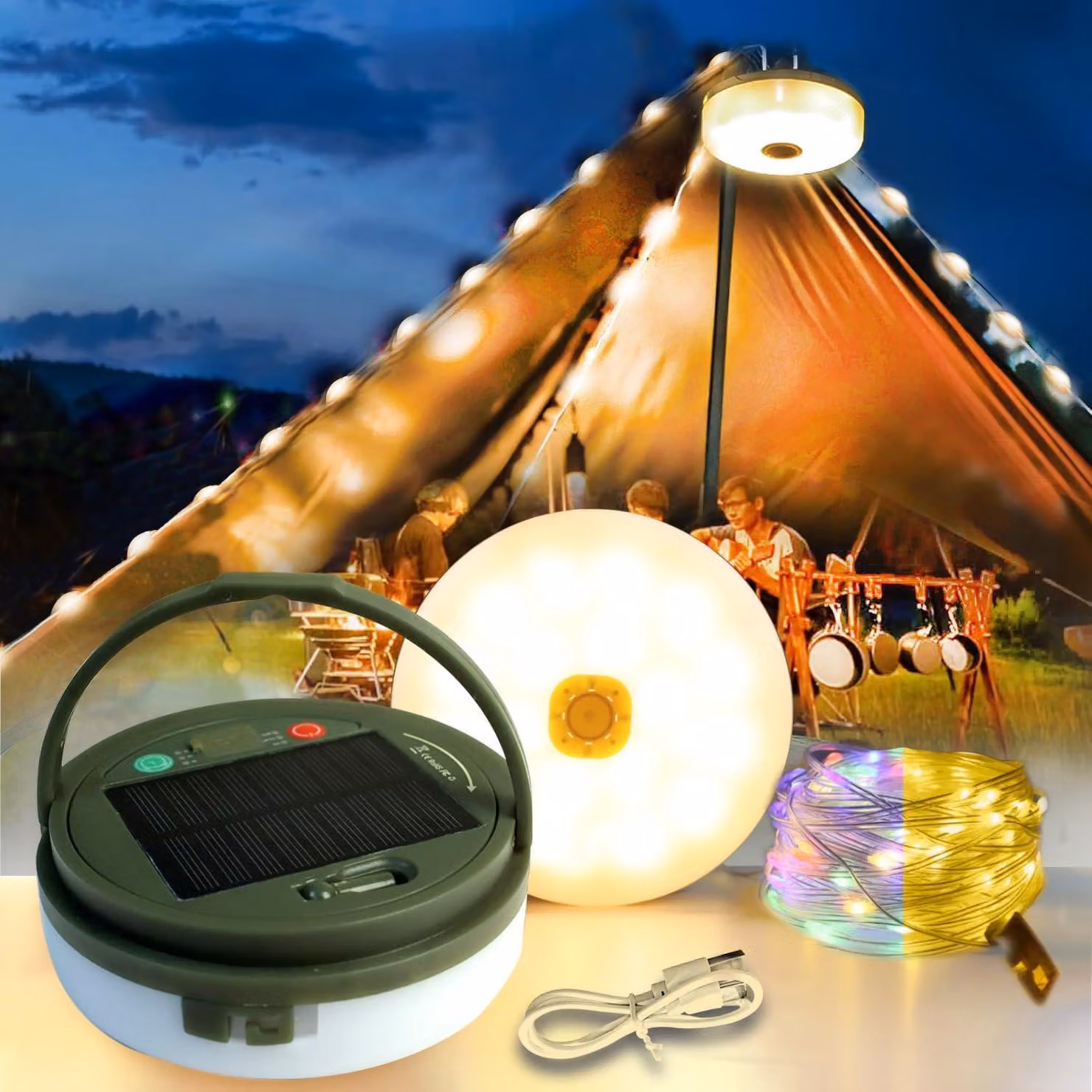 Catena luminosa per campeggio, 10 metri, 100 LED, alimentazione solare + USB, RGB, impermeabile