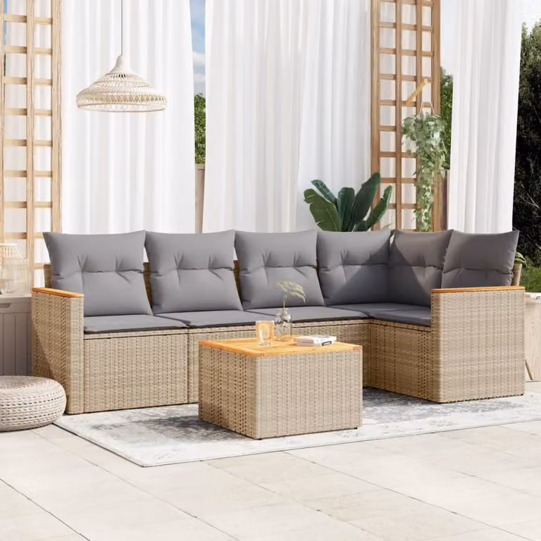 vidaXL Set Divano da Giardino a L 6 pz con Cuscini Beige e Grigio in Polyrattan e Acciaio