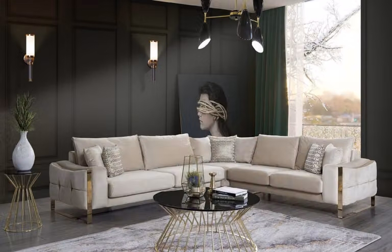 Ecksofa L-Form Sofa Couch Design Couchen Polster Textil Eck Garnitur Beige